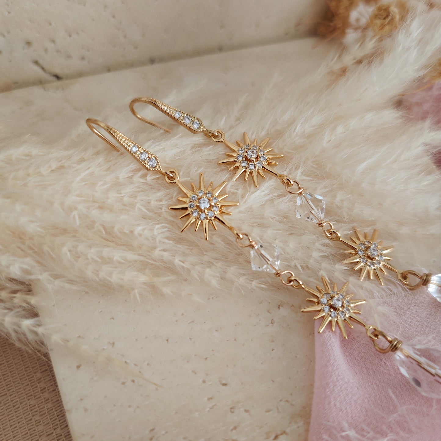 Celestial Bridal Earrings, Long Starburst Earrings, Sparkling Stars Earrings, Art Deco Earrings, version 2