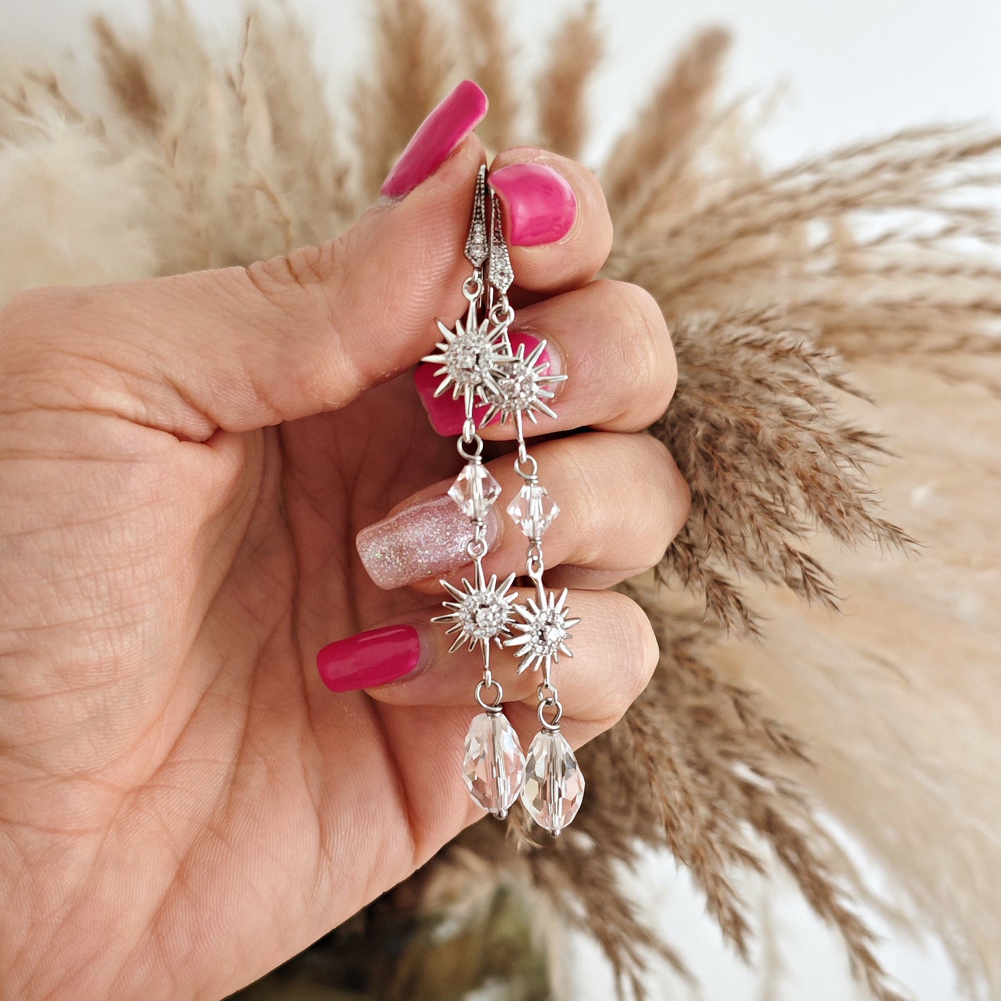 Celestial Bridal Earrings, Long Starburst Earrings, Sparkling Stars Earrings, Art Deco Earrings, version 2