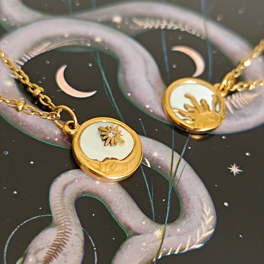 Stainless Steel Sun and Moon Mother of Pearl BFF Necklaces: Gold Friendship Celestial Jewelry
