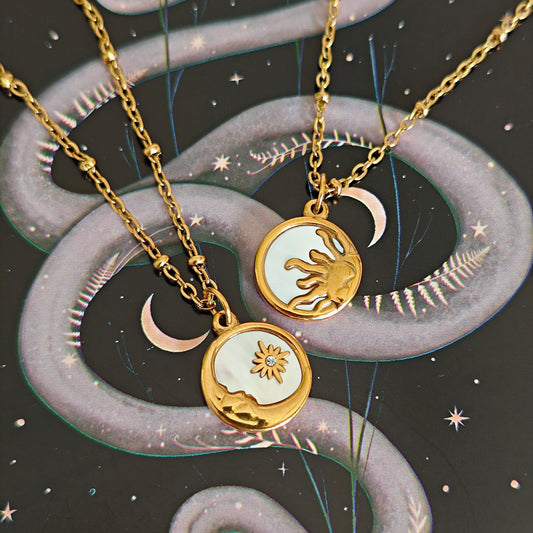 Stainless Steel Sun and Moon Mother of Pearl BFF Necklaces: Gold Friendship Celestial Jewelry