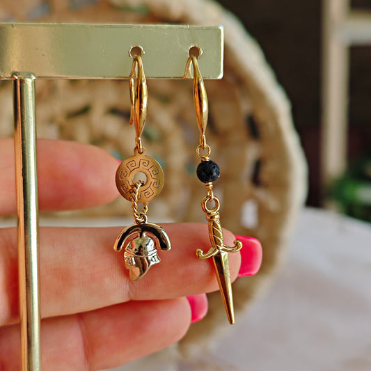 King Agamemnon Earrings, Greek Odyssey Aesthetic Earrings: Lava stone and brass // King of Mycenae