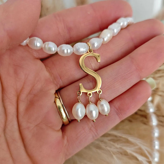 Anne Boleyn "B" initial necklace with freshwater pearls