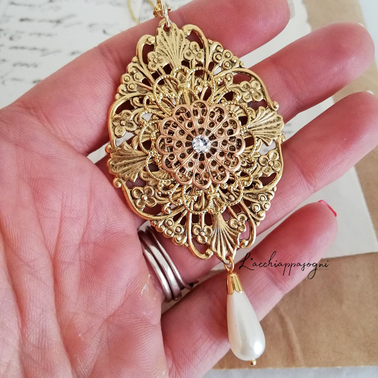 Anne Boleyn inspired antiqued gold brass filigree Necklace