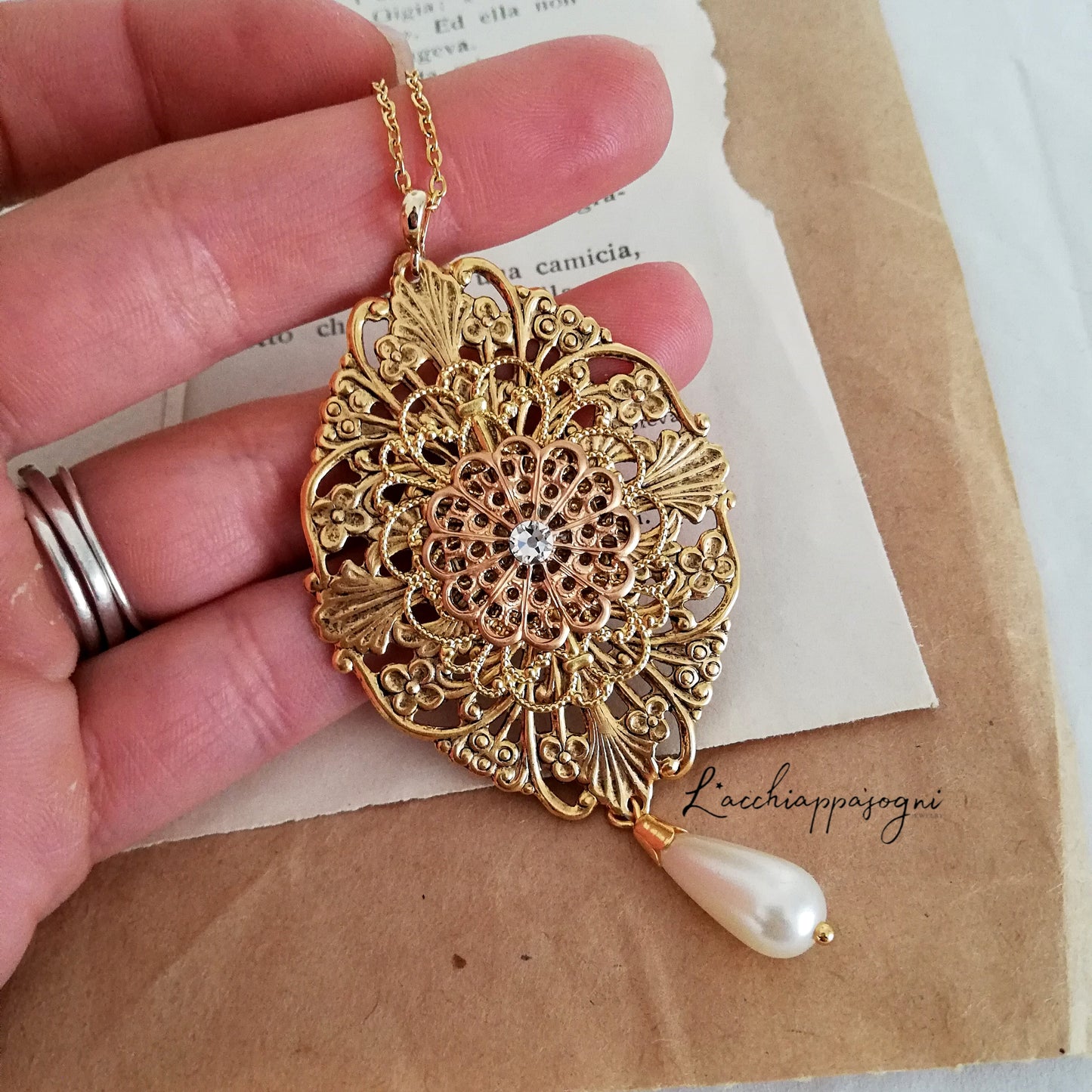Anne Boleyn inspired antiqued gold brass filigree Necklace