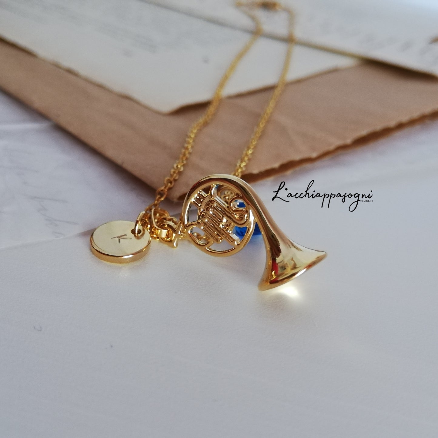 Customizable Blue French Horn necklace, gold version