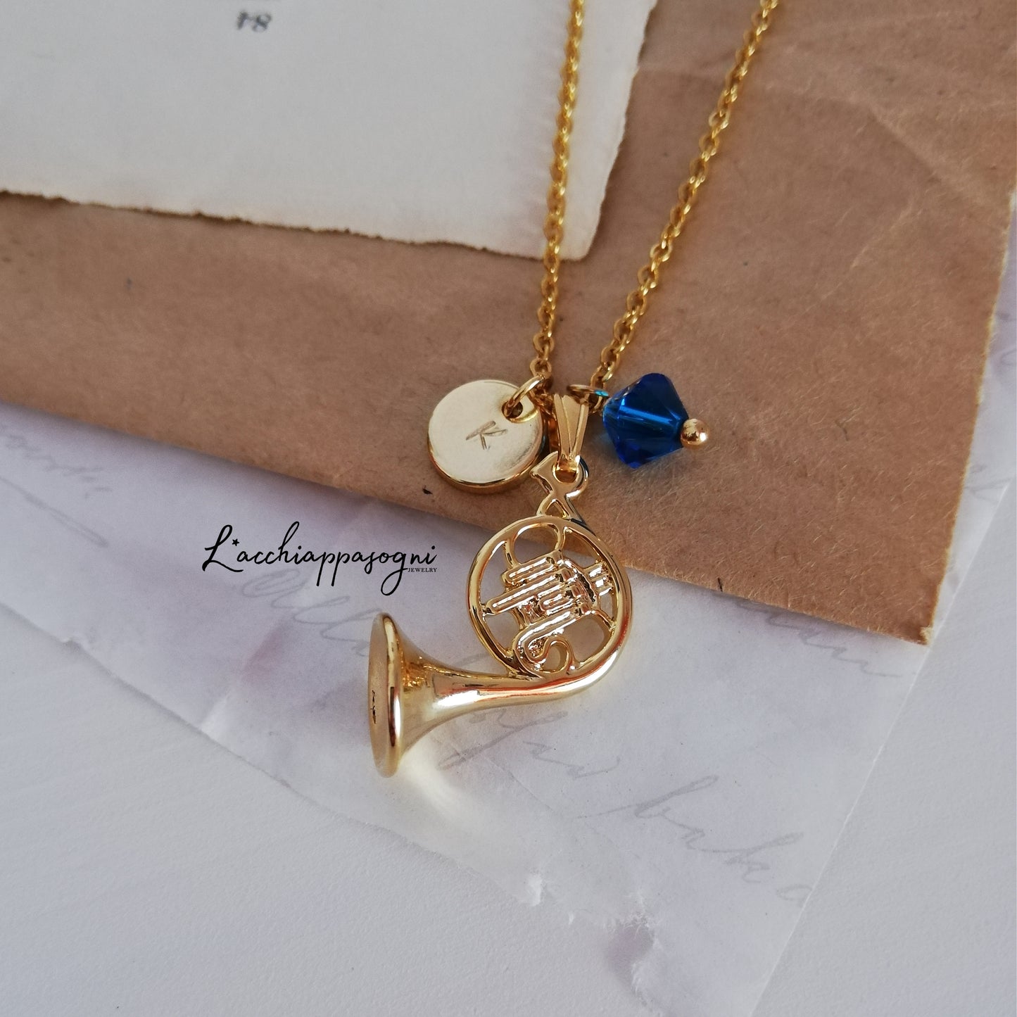 Customizable Blue French Horn necklace, gold version