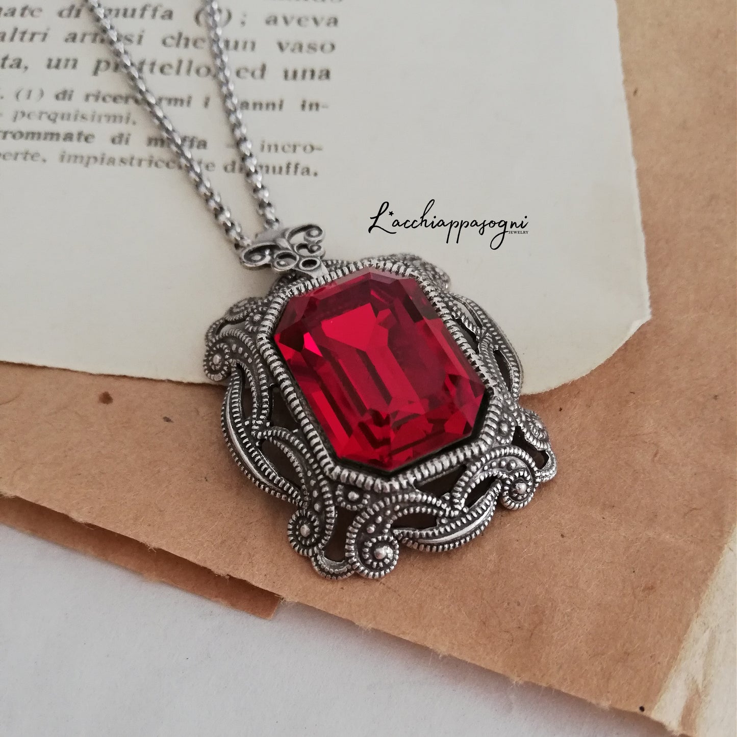 Victorian Art Deco Ruby Necklace, Bookish Necklace