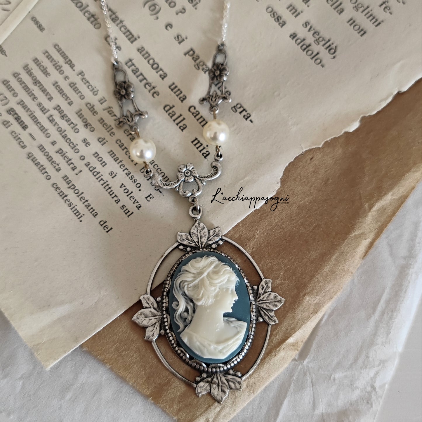 Victorian Cameo Necklace with floral accents, improved silver version