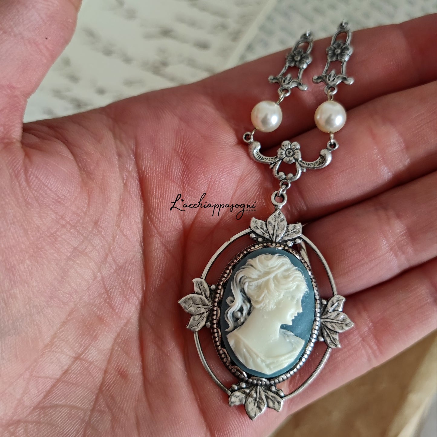 Victorian Cameo Necklace with floral accents, improved silver version