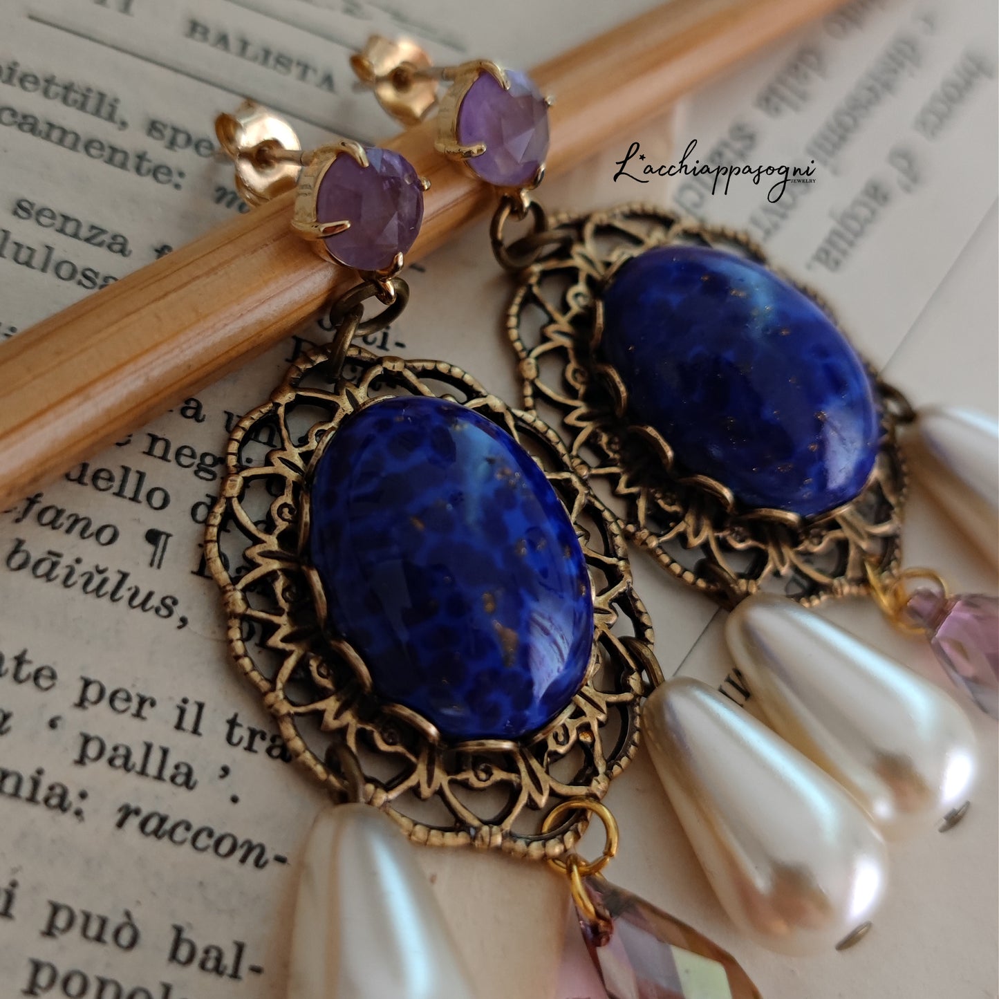 Anne Boleyn Inspired Teardrops Blue & Amethyst Filigree Earrings