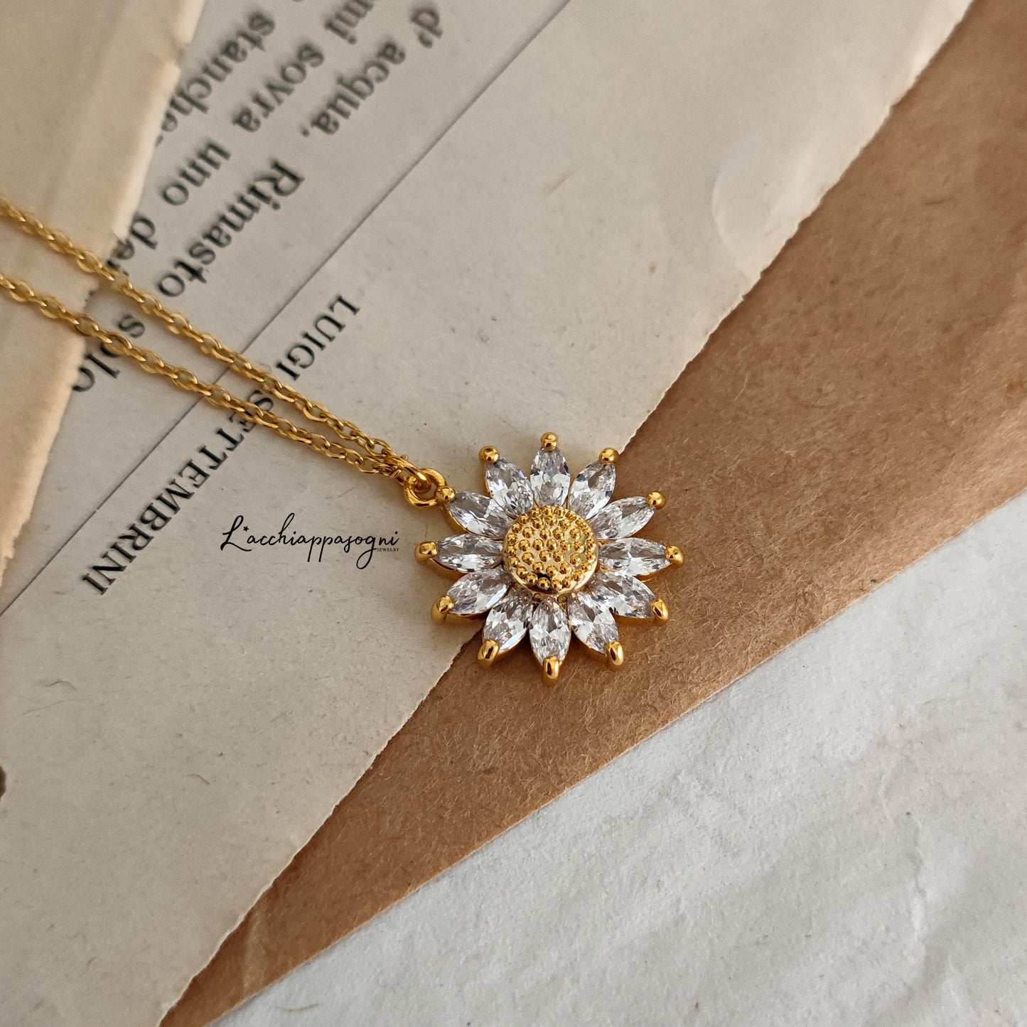 Sunflower necklace "Sunny Flower" with cubic zirconia