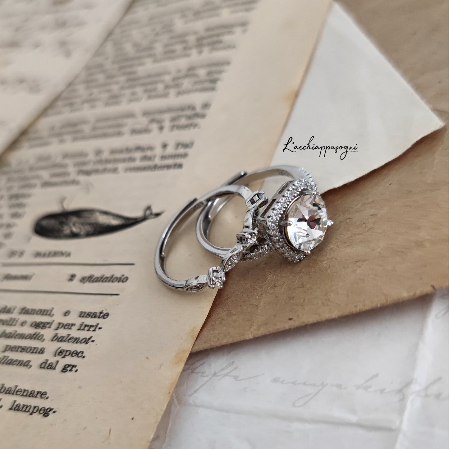 Set di anelli cushion + infinity ring, anello di fidanzamento e fede nuziale, Argento 925