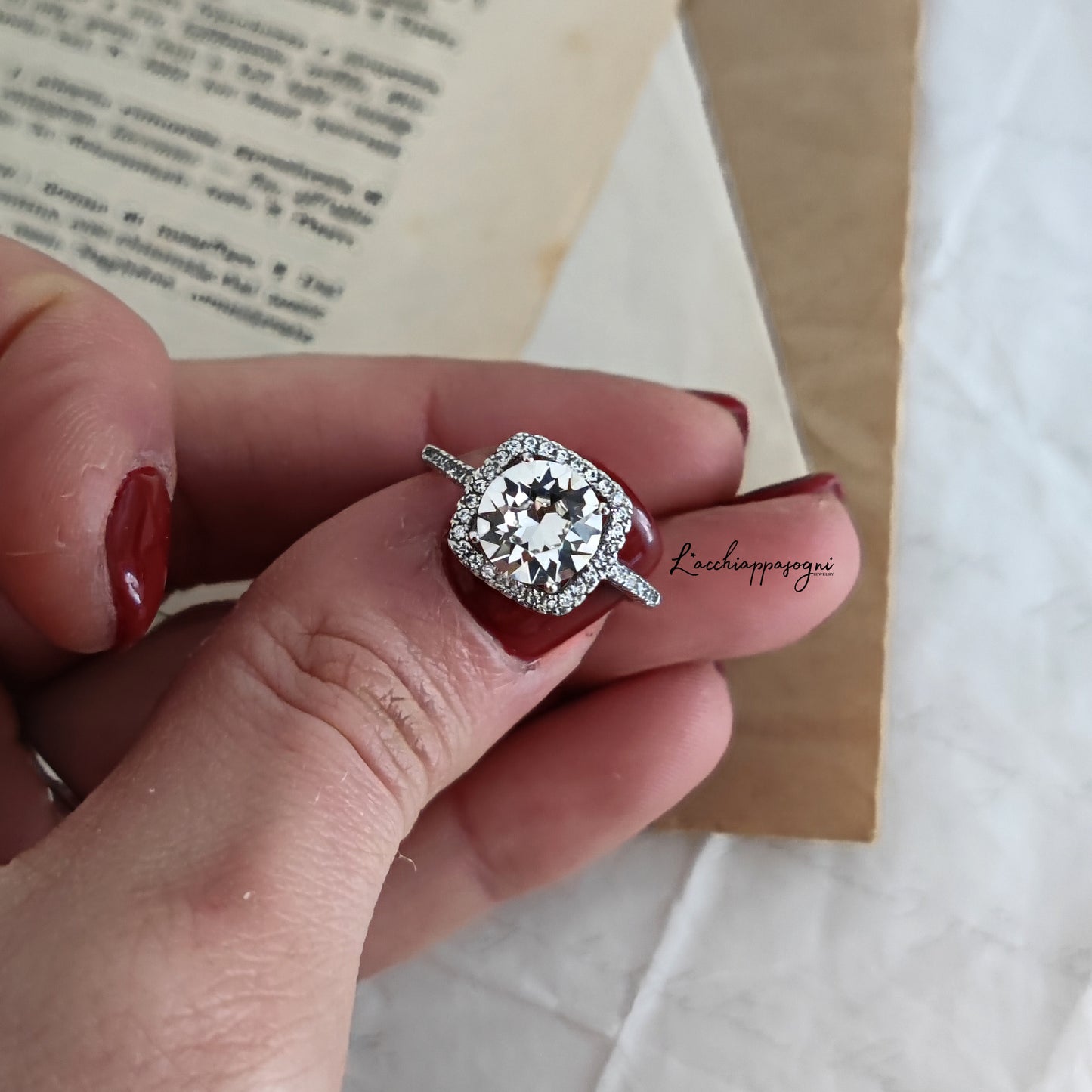Set di anelli cushion + infinity ring, anello di fidanzamento e fede nuziale, Argento 925