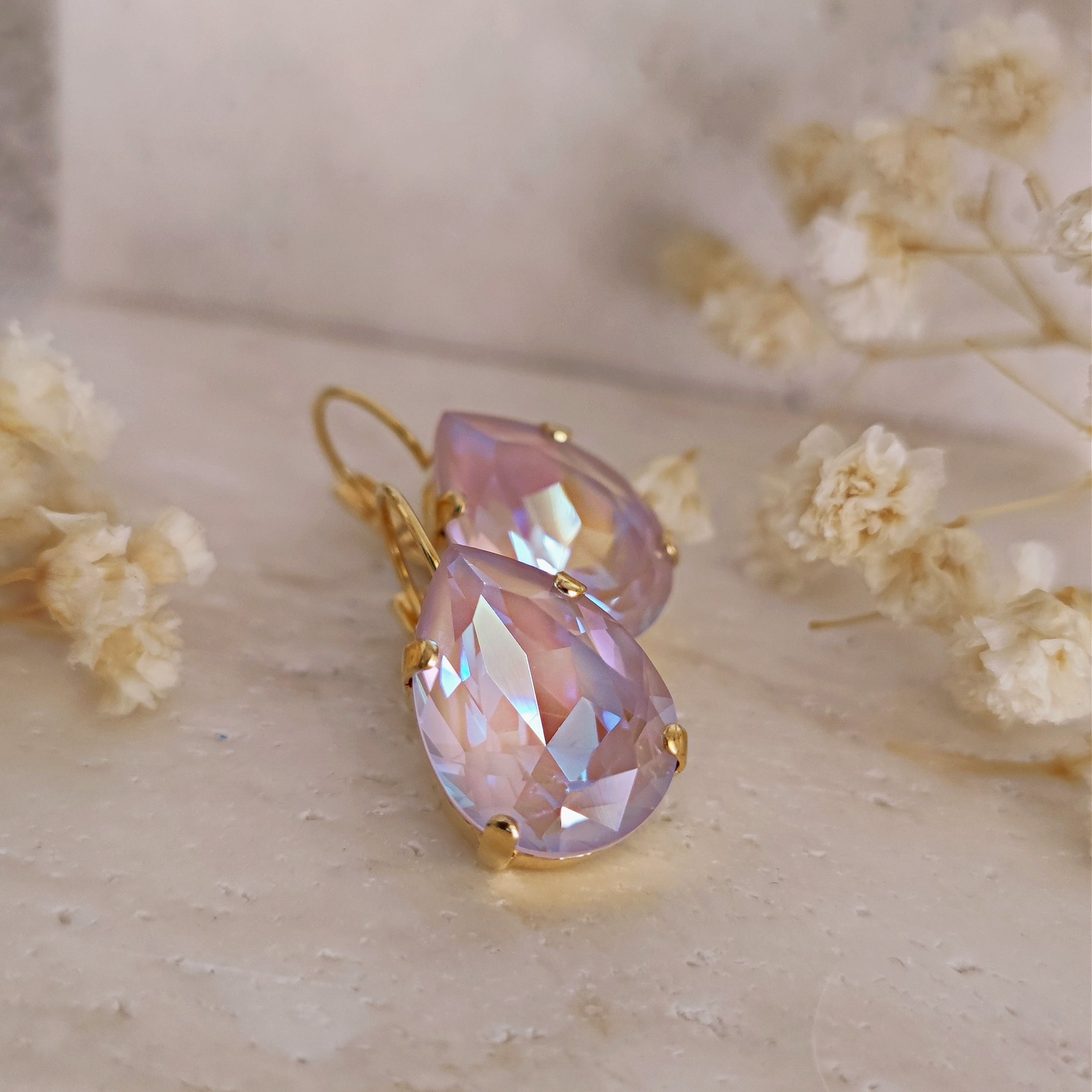 Bridal Dusty Pink Austrian Crystal Teardrop Earrings, Pear Shape