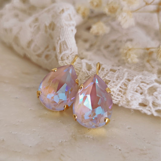 Bridal Dusty Pink Austrian Crystal Teardrop Earrings, Pear Shape Blush Rose Bridesmaids Earrings, Gold Crystal Earrings