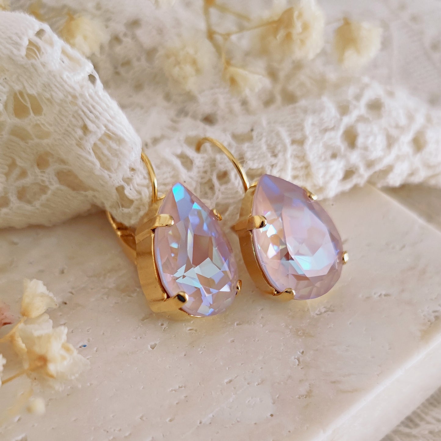 Bridal Dusty Pink Austrian Crystal Teardrop Earrings, Pear Shape Blush Rose Bridesmaids Earrings, Gold Crystal Earrings