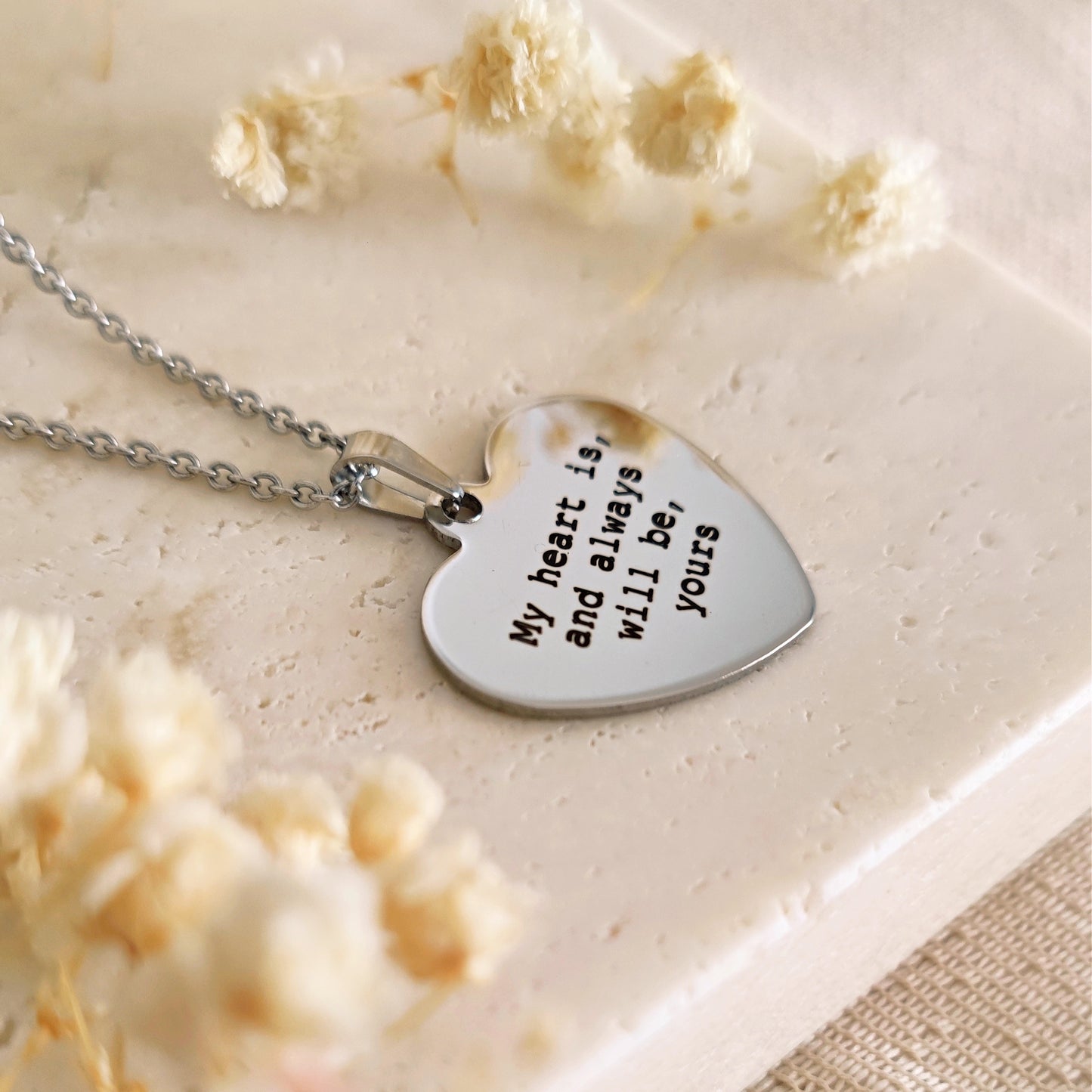 "Literary Treasures" Custom Quote Engraved Heart Necklace, Personalized Phrase Jewelry, Book Quote, Song Lyric, Customized Gift 