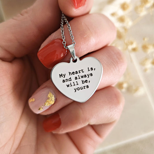 "Literary Treasures" Custom Quote Engraved Heart Necklace, Personalized Phrase Jewelry, Book Quote, Song Lyric, Customized Gift 