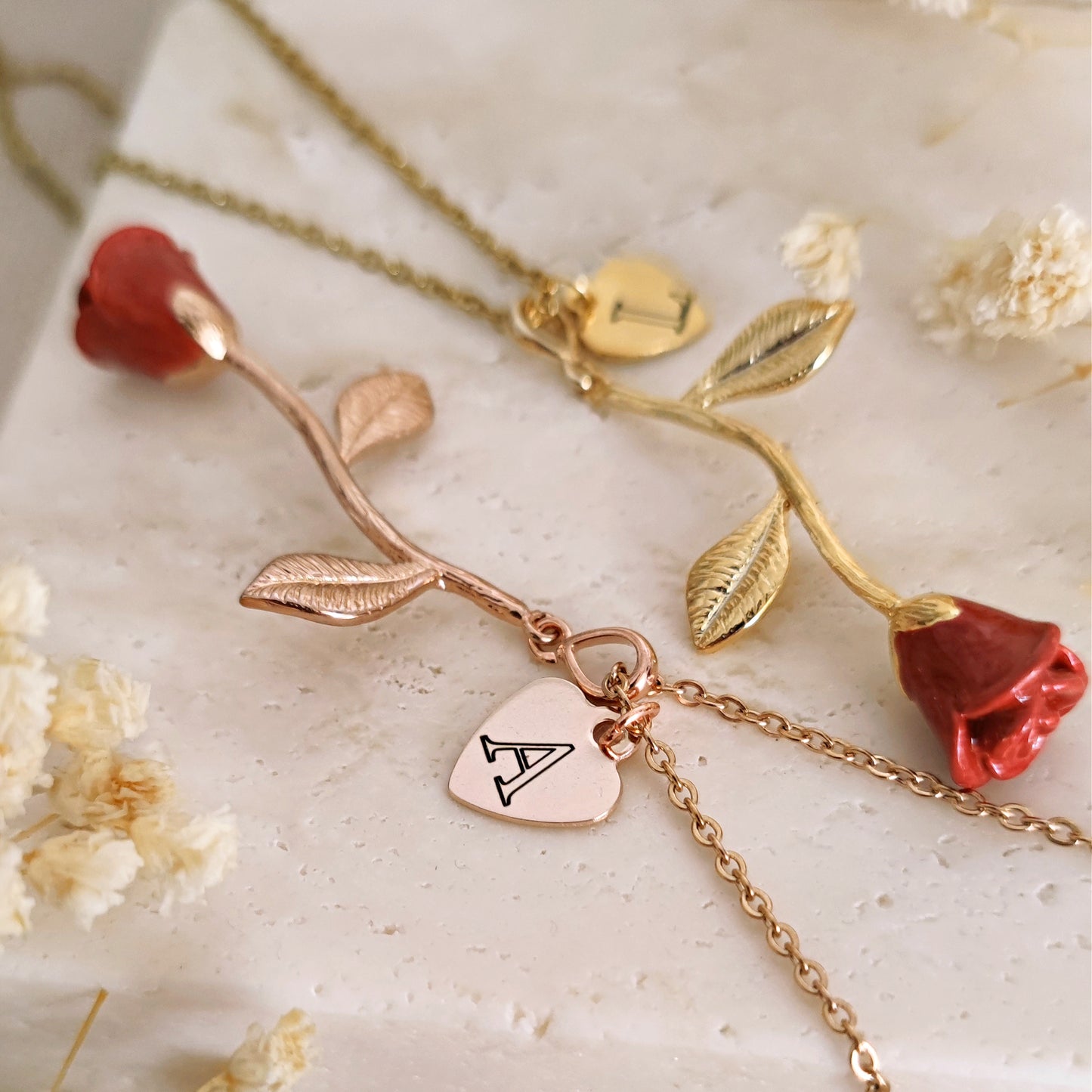 "Enchanted Rose" necklace with enameled bud