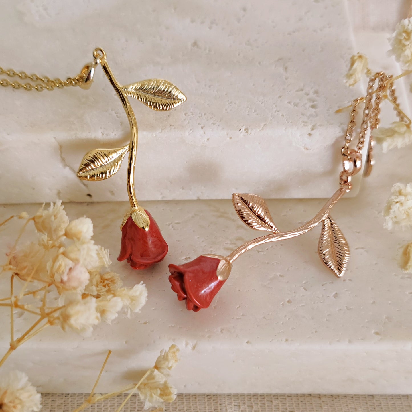 "Enchanted Rose" necklace with enameled bud