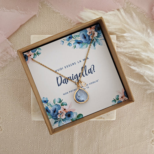 Personalized Bridesmaid Proposal Necklace, Thank you for Being my Bridesmaid - Light Sapphire + Custom Initial Bridesmaid Necklace