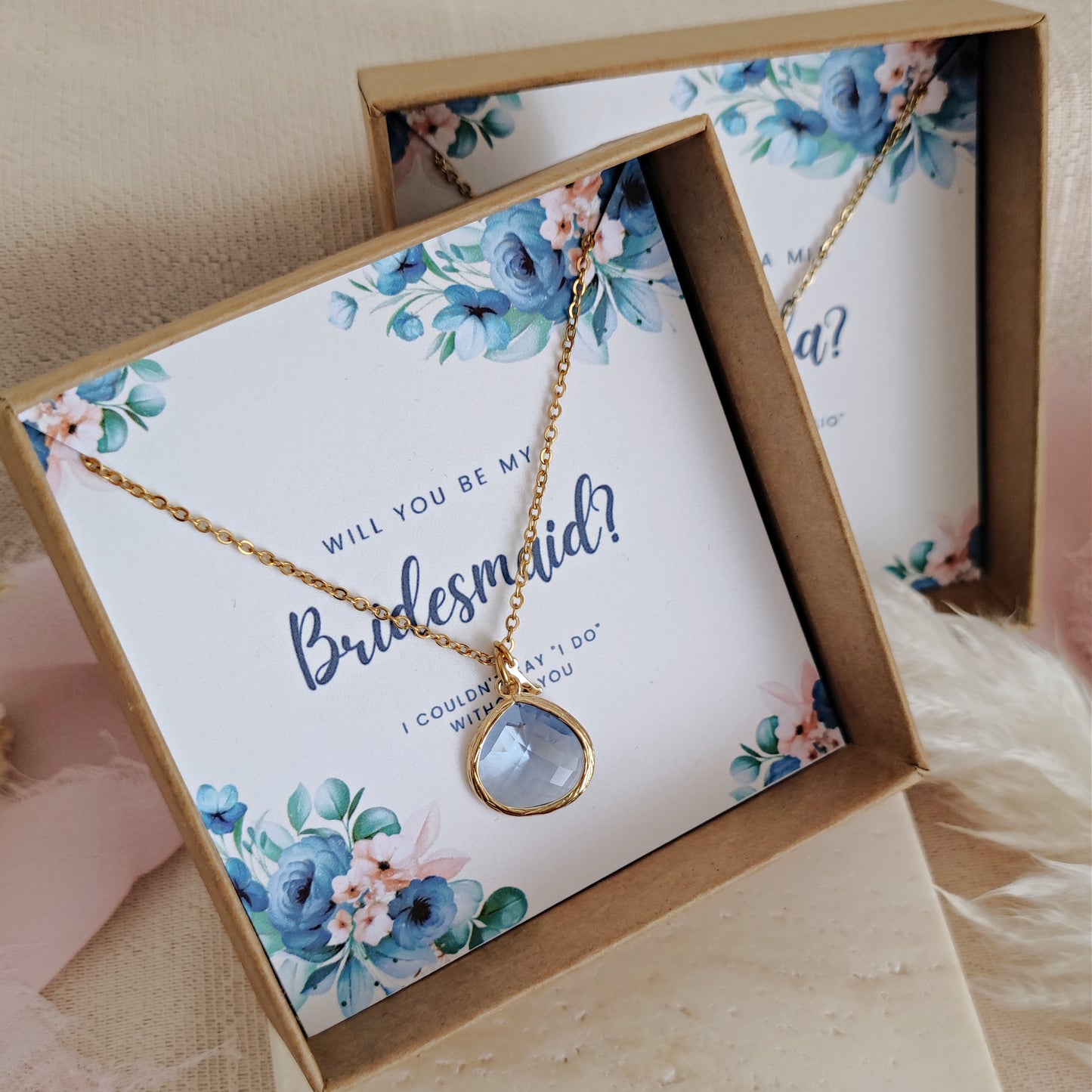 Personalized Bridesmaid Proposal Necklace, Thank you for Being my Bridesmaid - Light Sapphire + Custom Initial Bridesmaid Necklace