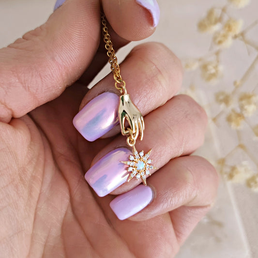 Dainty Gold Hand and Opal Star Necklace // STAR KEEPER
