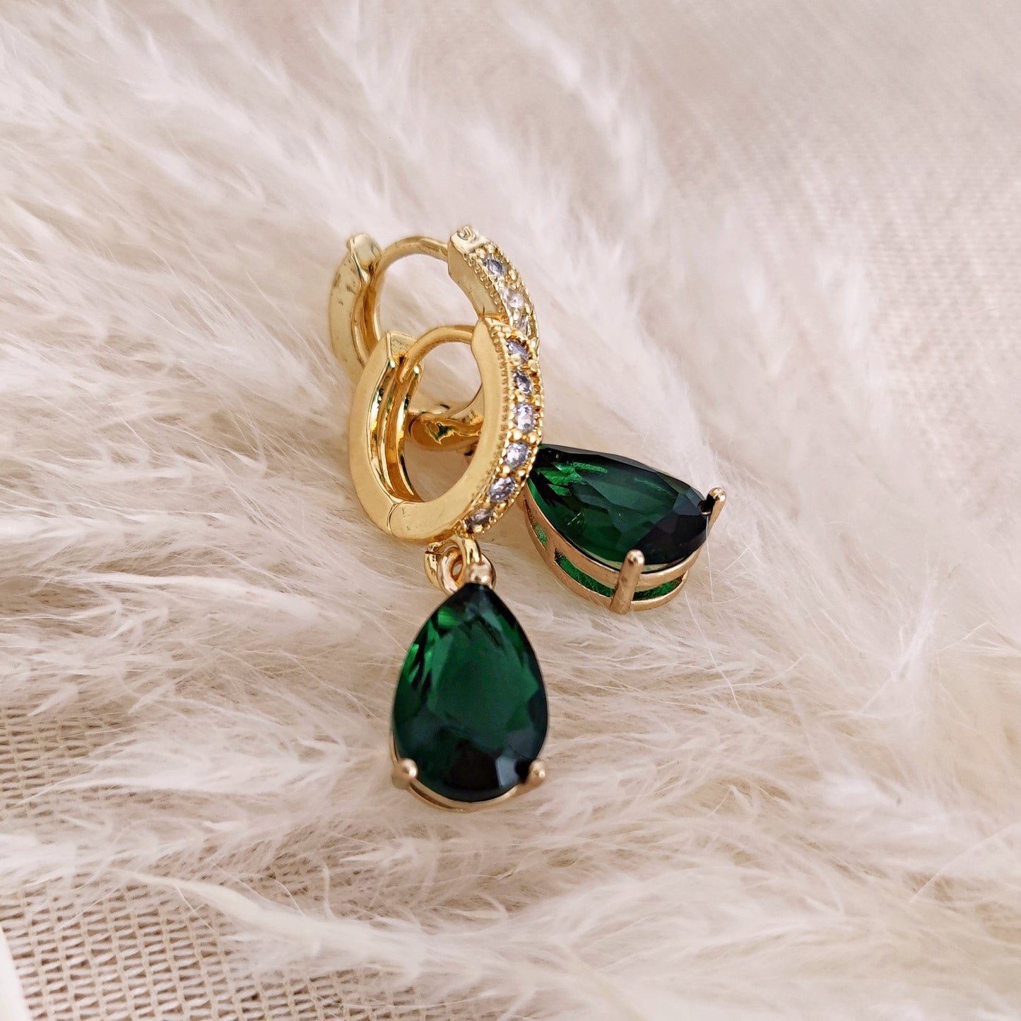 Golden Huggie Hoops with Emerald Green Drops // FOREST