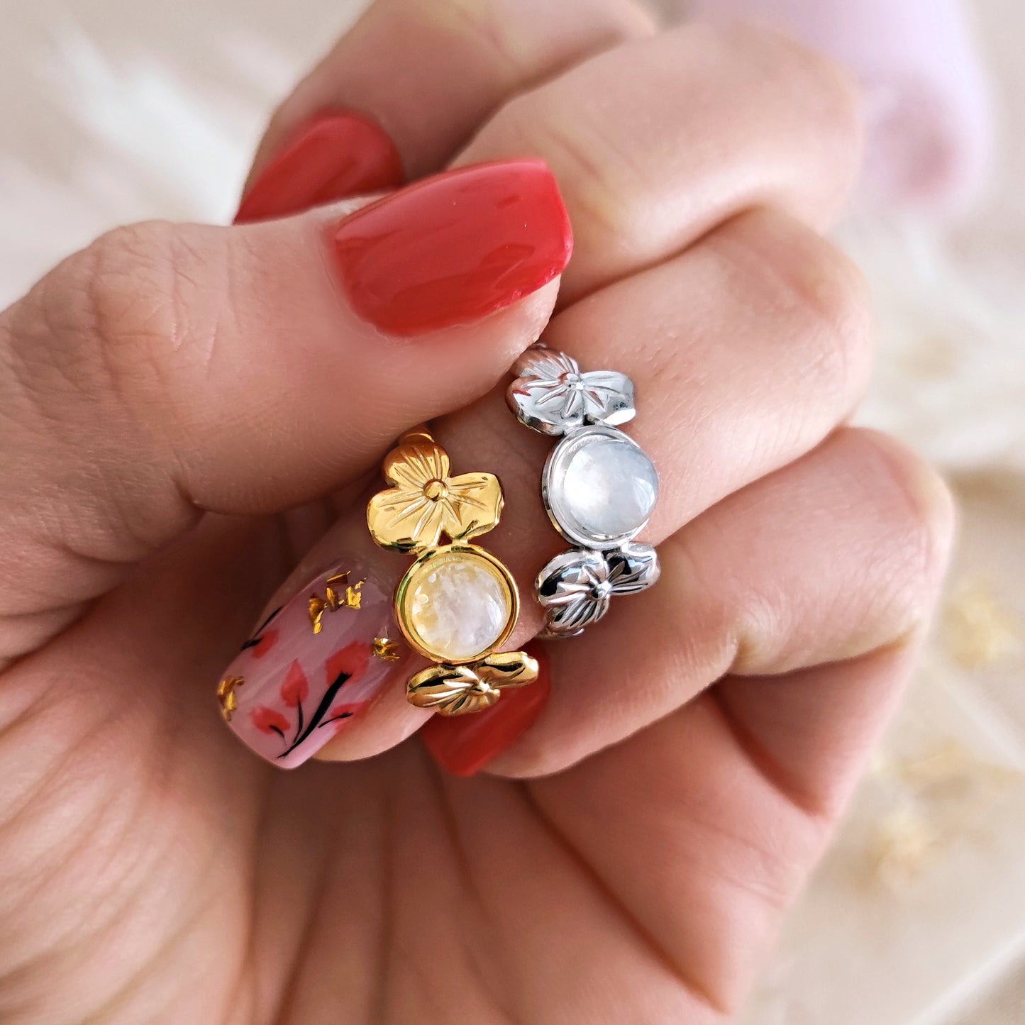 Floral Ring with Moonstone, Fairycore Aesthetic Ring // FLORA