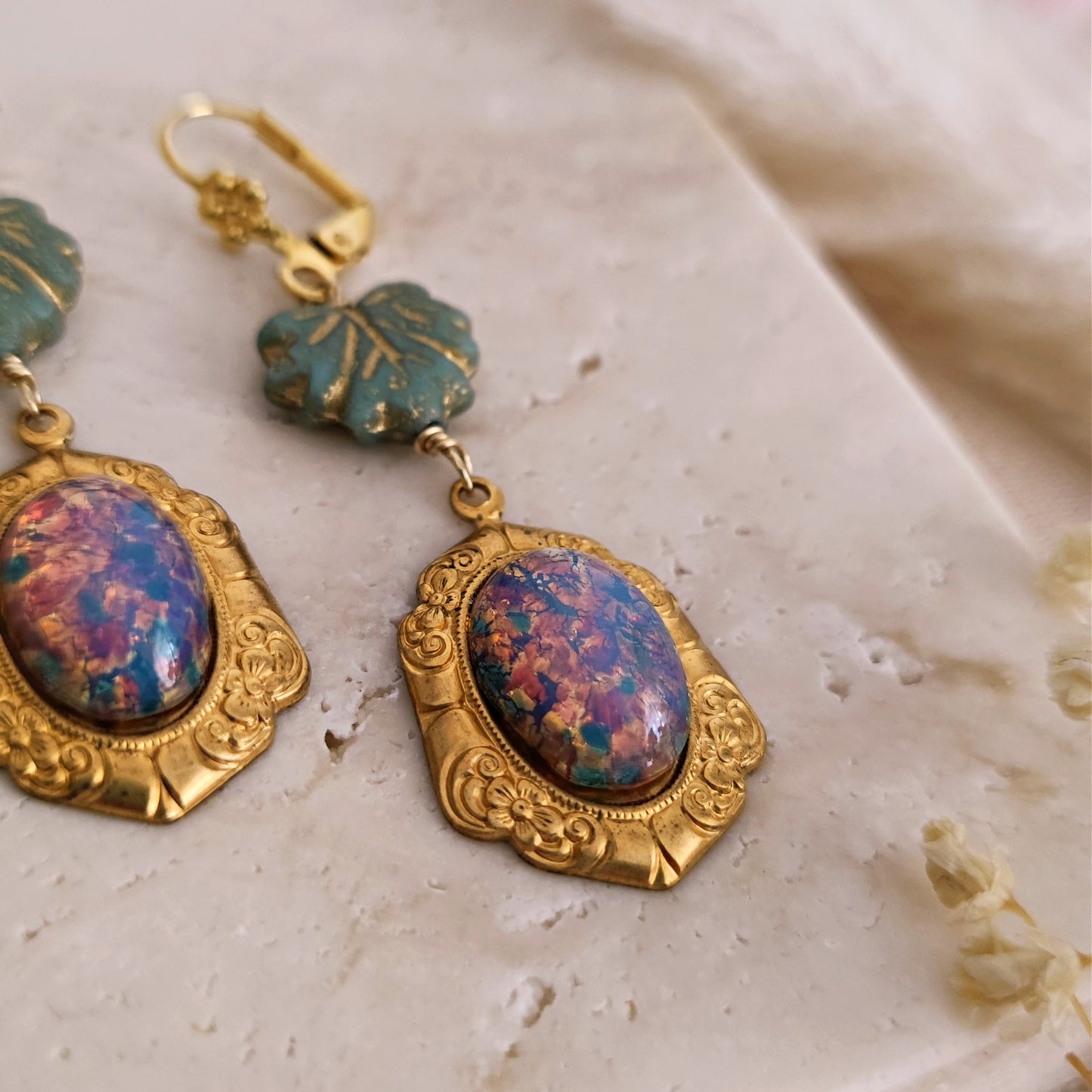 Lever backs dangling earrings with flowers, glass leaves and opals // MOOR