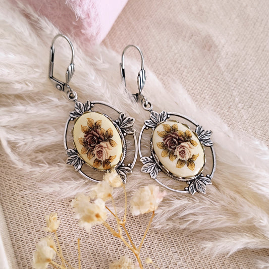 Antique Silver Floral Ceramic Cameo Earrings // PENELOPE