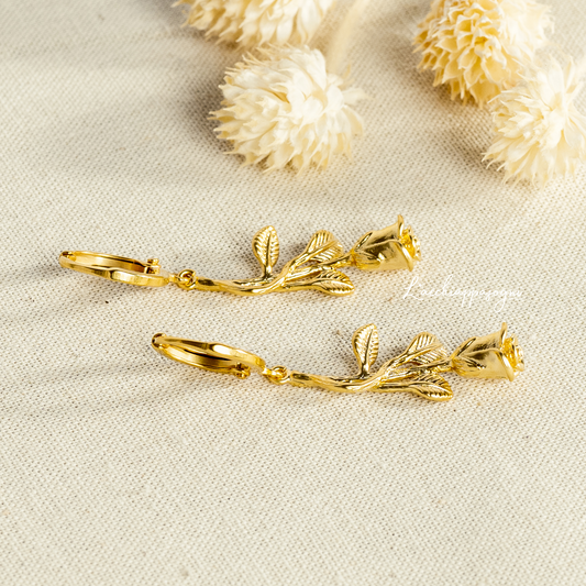 Rose Spell // Rose Charm Pendant Floral Hoops Earrings - Gold