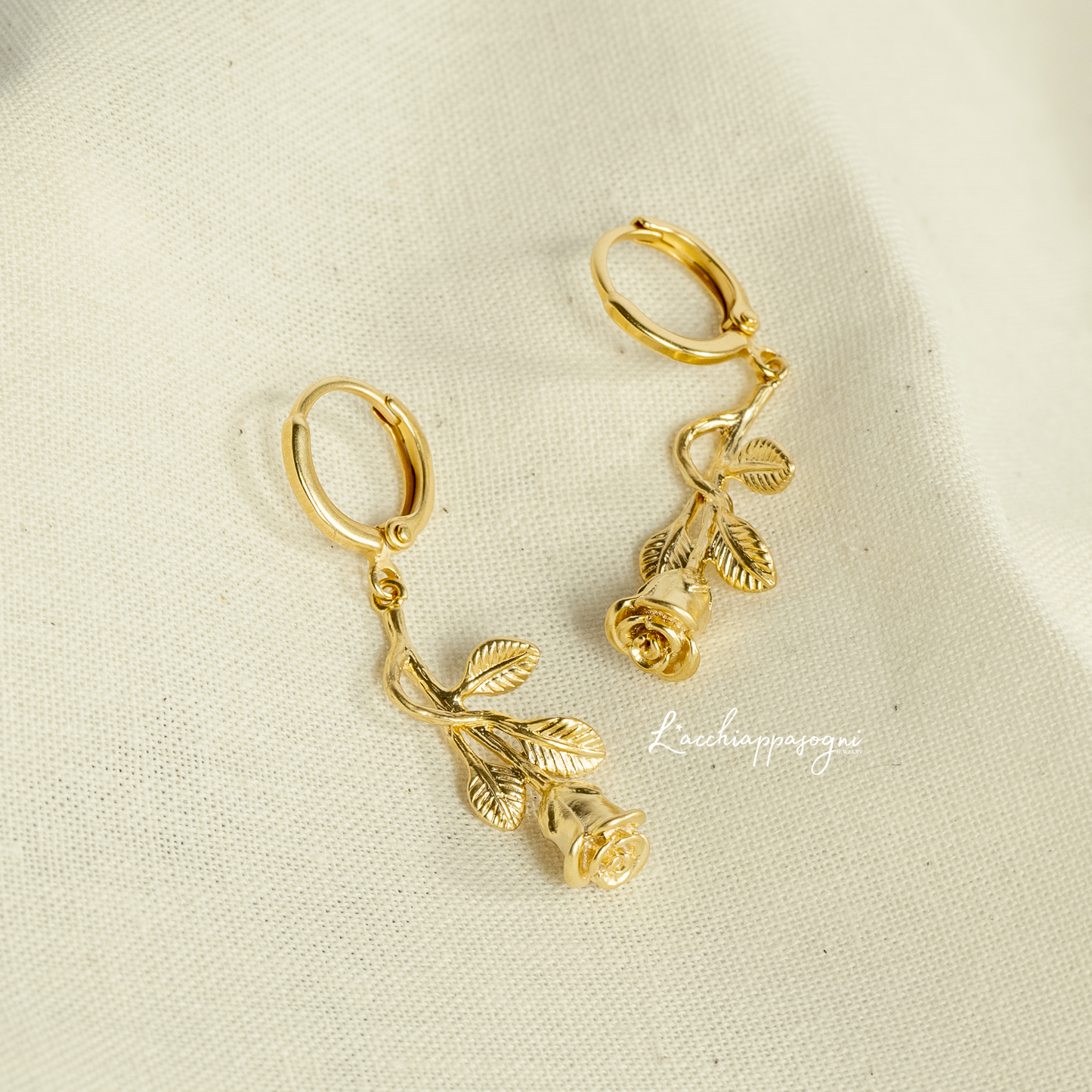Rose Spell // Rose Charm Pendant Floral Hoops Earrings - Gold
