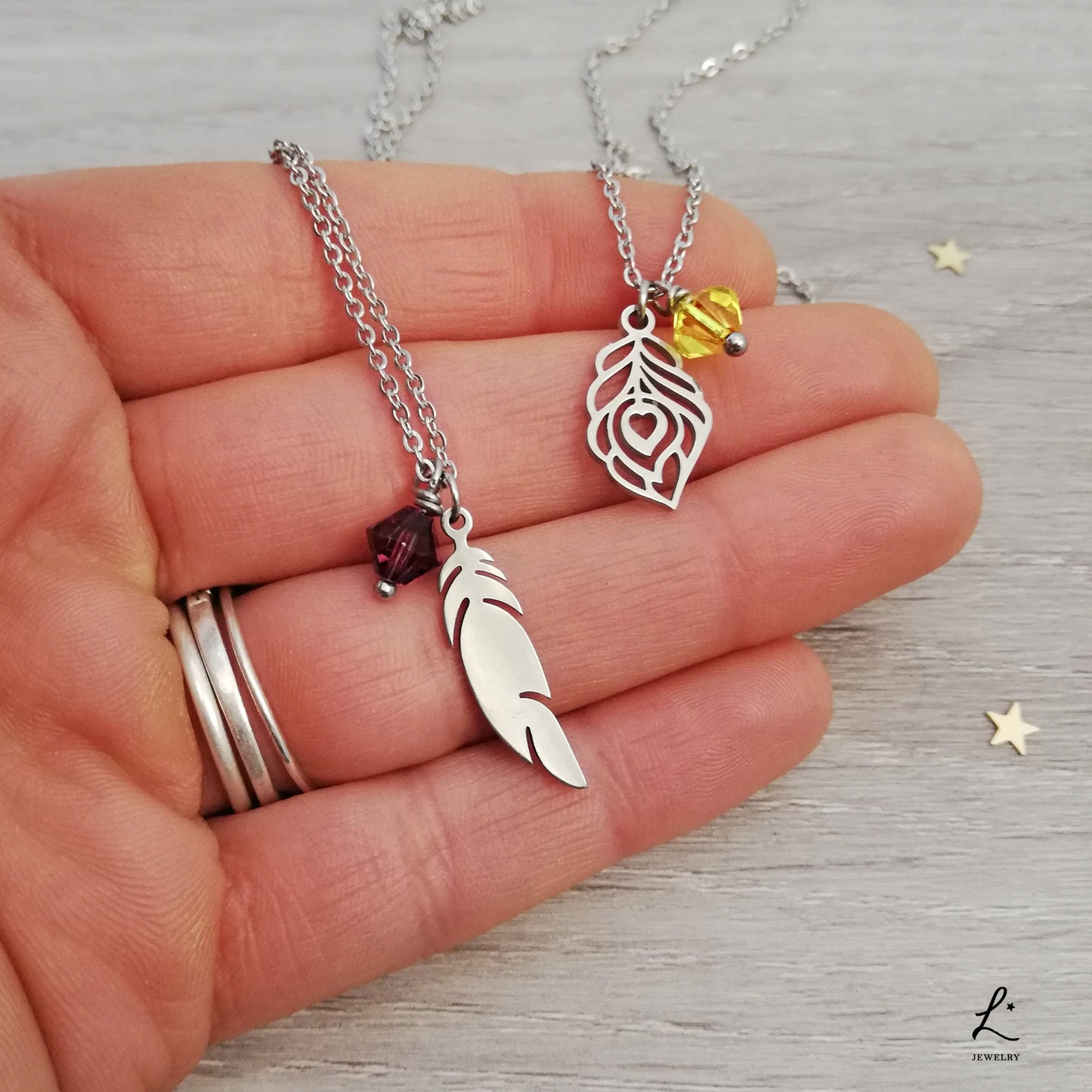 Violet and Yellow Feather Necklaces, For Him and For Her