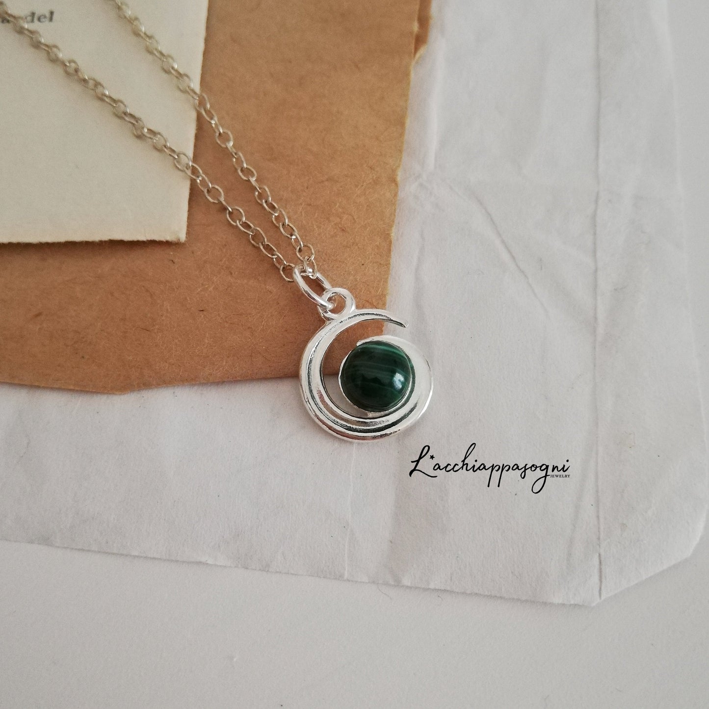 Witchy Moon Necklace, Wolf inspired Green Stone Necklace, Half Moon Necklace, version 2